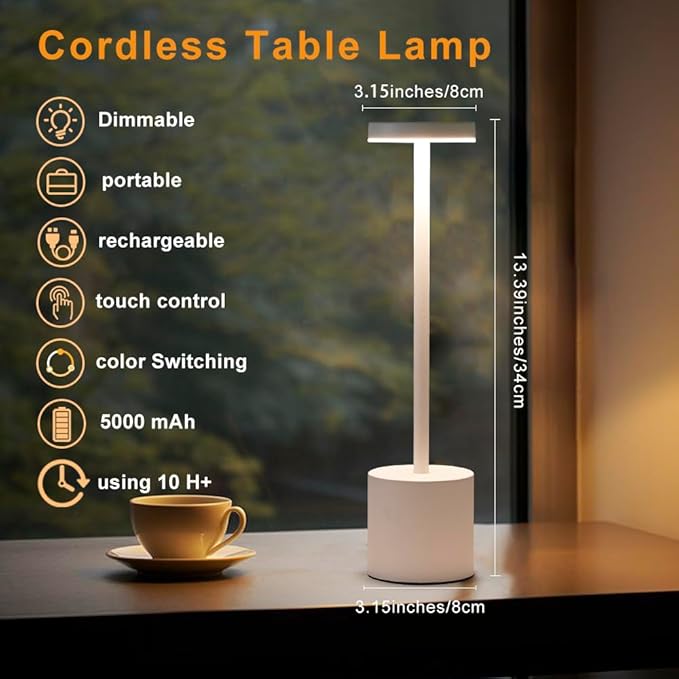 2 Pack LED Cordless Table Lamp, Portable 5000mAh Rechargeable Table Lamps