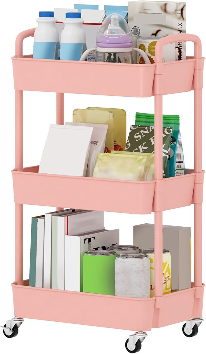 Sywhitta 3-Tier Plastic Rolling Utility Cart with Handle, Multi-Functional Storage Trolley for Office, Living Room, Kitchen, Movable Storage Organizer with Wheels, Pink