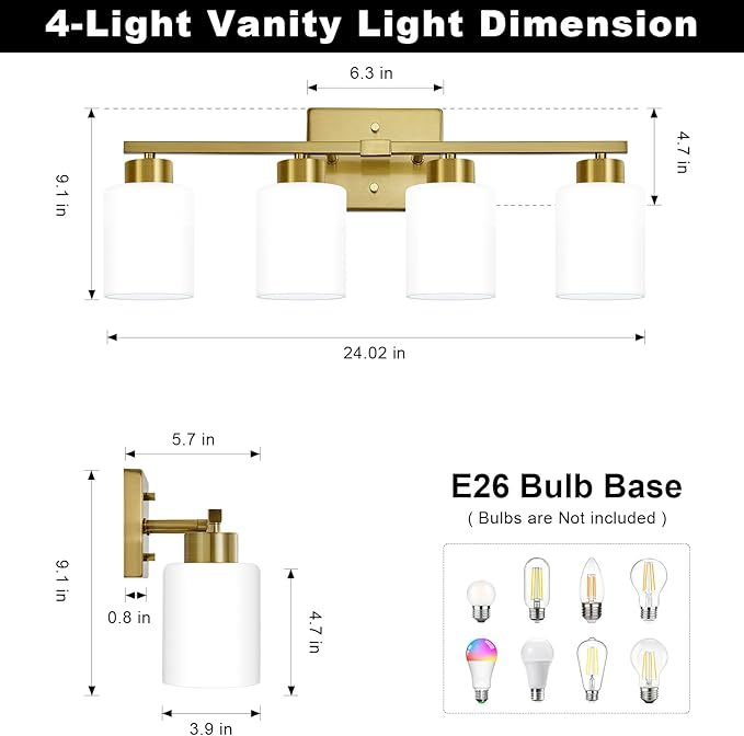 Brushed Gold Bathroom Light Fixtures, 4-Light Modern Vanity Light Over Mirror