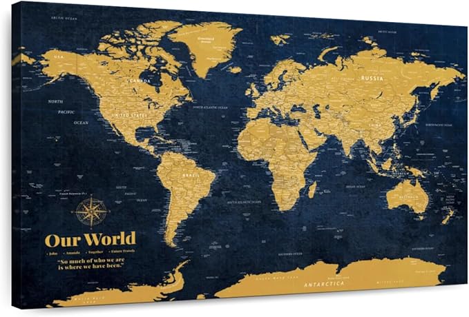 ElephantStock - Personalized Push Pin World Map - Gold Wall Art - Horizontal Canvas Wall Art - Living Room Wall Decor - Digital Art Map Canvas Art - Orange And Blue Decor - 51" x 34"