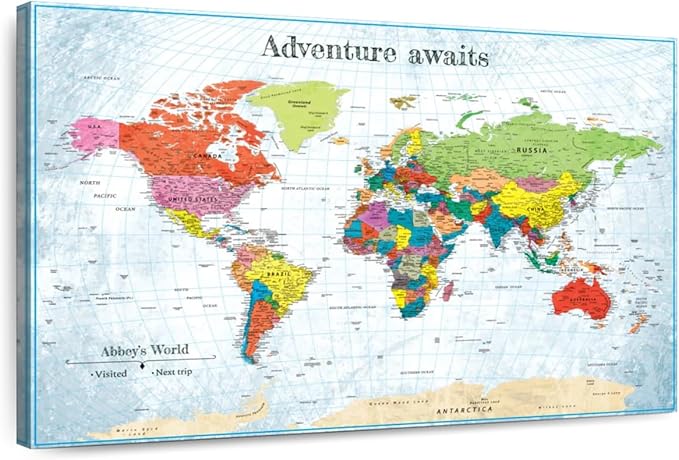 ElephantStock - Personalized Adventure Awaits IV Push Pin World Map Wall Art - Horizontal Canvas Wall Art - Living Room Wall Decor - Digital Art Map Canvas Art - Blue And Green Decor - 24" x 16"