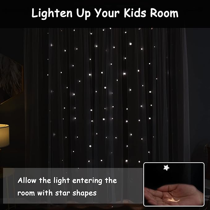 Kinryb Nursery/Kids/Girls Room Star Cut Out Blackout Rainbow Curtain with Sheer Overlay 2 Panels, Each 52 inch Wide,108 inch Length with White Gauze,Ombre Stripe Rainbow Curtains (2 Pcs,52x108 Inch)