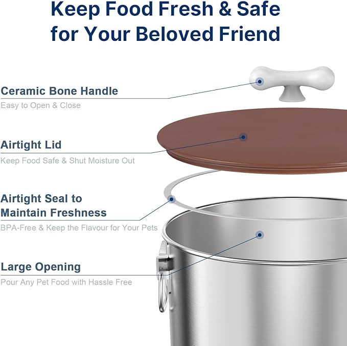 25 Lbs Stainless Steel Dog Food Storage Container with Airtight Lid & Ceramic Bone Handle, Large Metal Dog Food Bin for Dogs & Cats, Keep Fresh, Easy to Clean