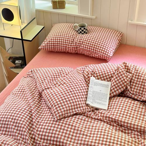 Gingham Comforter Set King Vintage Plaid Checkered Pattern Comforter Lightweight Soft Gingham Bedding Red Orange Grid Comforter with 2 Pillowcases Farmhouse Checkered Comforter Set