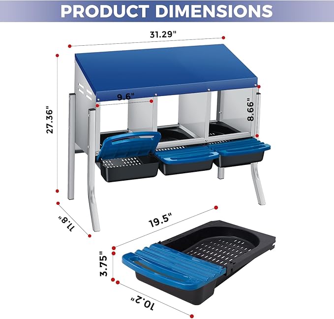 3-Hole Chicken Nesting Box, Roll Away Nest with Removable Tray, Easy Egg Collection & Cleaning, Wall-Mount Nesting Boxes for Hens, Chicken Coop - Blue