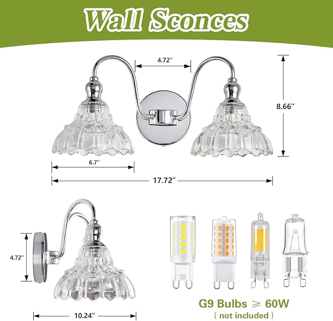Chrome 2-Light Wall Sconces Bathroom Vanity Light Light Fixtures Modern Vanity