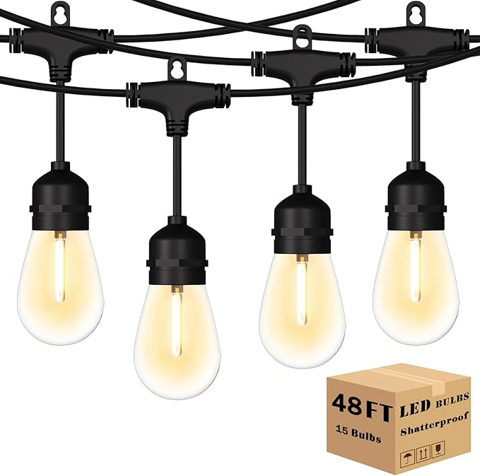 Outdoor String Lights 48 ft, LED Patio Lights