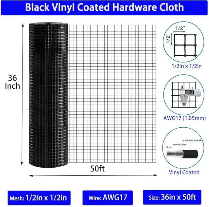 Hardware Cloth 1/2inch Black Vinyl Coated Wire Mesh 36" x 50' Welded Wire Fencing AWG17, PVC Coating Chicken Wire Fence, Welded Wire Mesh Roll for Garden Guard Fence Poultry Cage Net Fencing