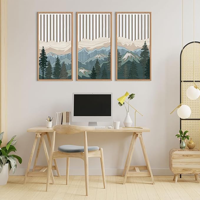 IARTTOP Large Mountain Wood Wall Art Framed Decor Set Of 3, Modern Mountain Landscape Wall Art Nature Artwork Wall Decor For Bedroom, Living room, Office-16 x32
