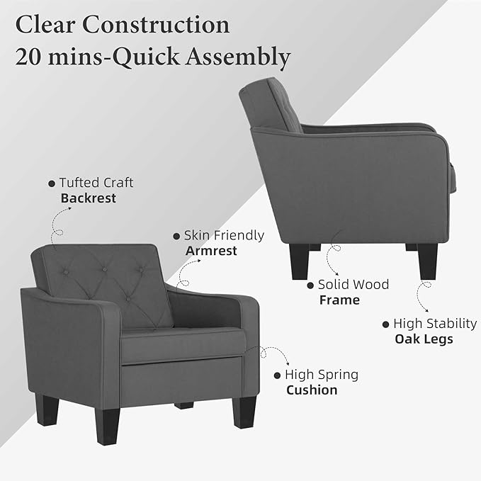 STHOUYN Living Room Chairs Accent Chairs Set of 2, Waiting Room Arm Chairs, Reading Chairs for Bedroom Comfy Club Chair Tufted, Office Small Space (2, Grey)