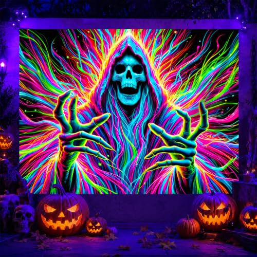 Blacklight Tapestry Hooded Skeleton Wall Hanging 78 x 59 Inch