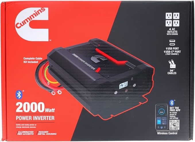 Cummins 2000 Watts Inverter Modified Sine Wave Truck Inverter 12 Volts to 110 Volts Four AC Outlets Two USB Ports (Plus Full Cable Kit) - CMN2000W - Inverters for Vehicles, Van Life, Camping