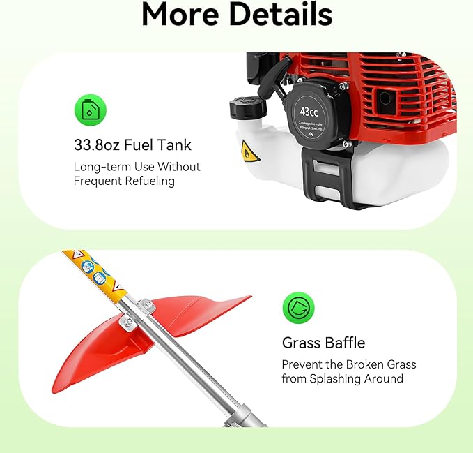 43CC Weed Wacker, 8500r/Min Weed Eater with 2 Blade Heads, Gasoline Power Brush Cutter, Lawn Edger, Single-Cylinder Air-Cooled 2-Stroke Gasoline Engine Grass Trimmer Tools for The Garden and Yard