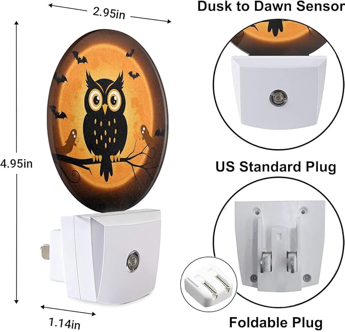 Plug-in Halloween Owl Night Light Full Moon Bats and Ghosts Night Lights Plug