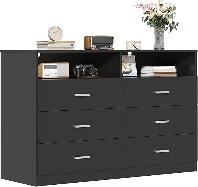 Bigbiglife 6 Drawers Dresser for Bedroom with Open Storage Cubby, Double Wide Dresser Organizer for Bedroom, Living Room, Entryway, Hallway (Black)
