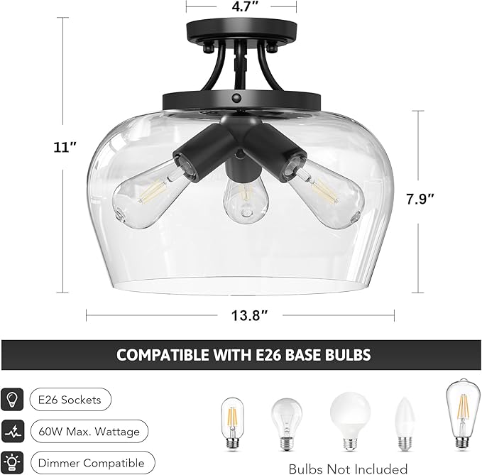 VONLUCE Semi Flush Mount Ceiling Light, 13.8" Ceiling Light Fixture