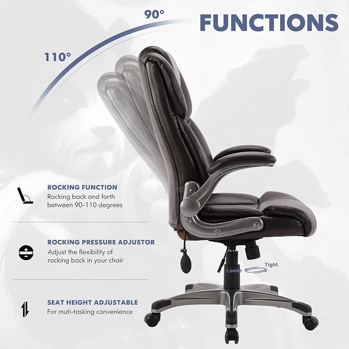 COLAMY Leather Executive Office Chair- High Back Home Computer Desk Chair with Padded Flip-up Arms, Adjustable Tilt Lock, Swivel Rolling Ergonomic Chair for Adult Working Study-Brown, Set of 2
