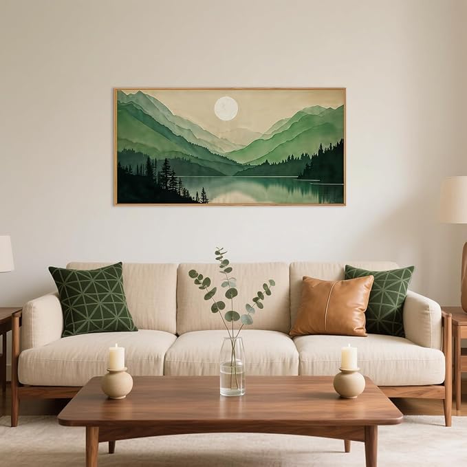 Celestdeco Watercolor Mountain Framed Canvas Wall Art Set, Boho Sun Forest Wall Decor, Green Scenery Wall Painting, Modern Woodland Artworks for Living Room, Bedroom, Dining Room, Office - 20" x40x1