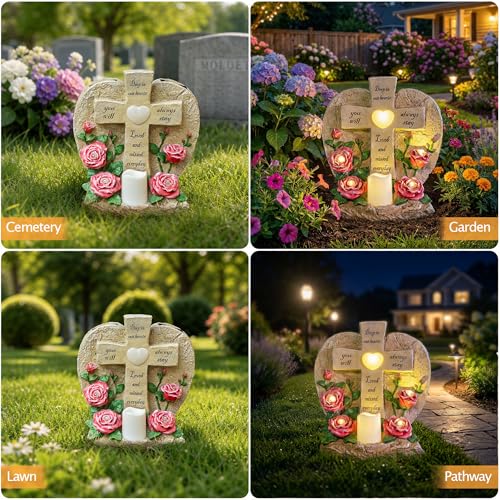 Solar Lights for Cemetery Memorial Cross Statue with LED Lights & Roses