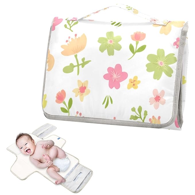 Flowers Portable Changing Pad with Built-in Pillow, Waterproof Foldable Baby Diaper Changing Pads, Diaper Mat for Boys and Girls