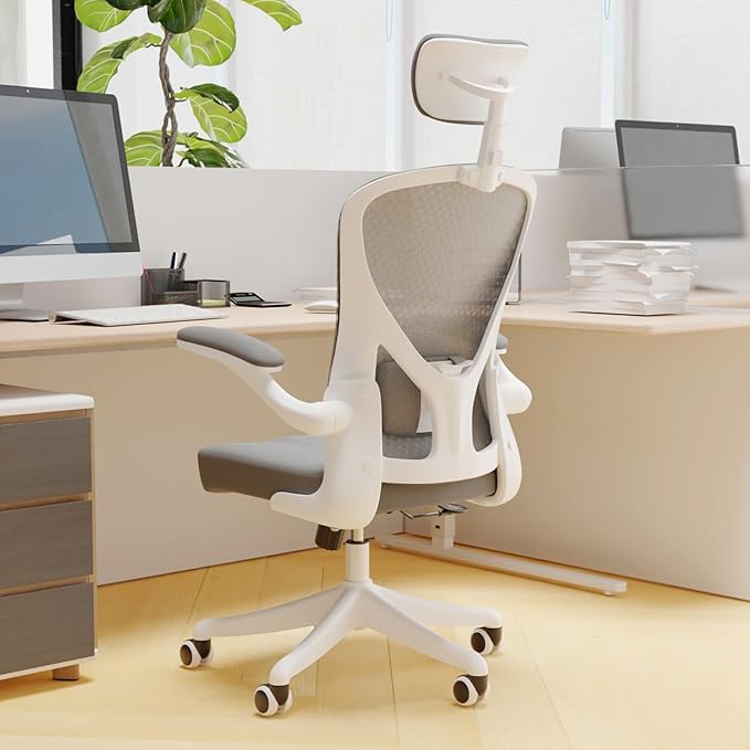 Ergonomic Office Chair with Adjustable Lumbar Support & Flip-Up Armrests - High Back Computer Desk Chair with Thickened Seat Cushion, Rolling Wheels for Home/Office Study Work