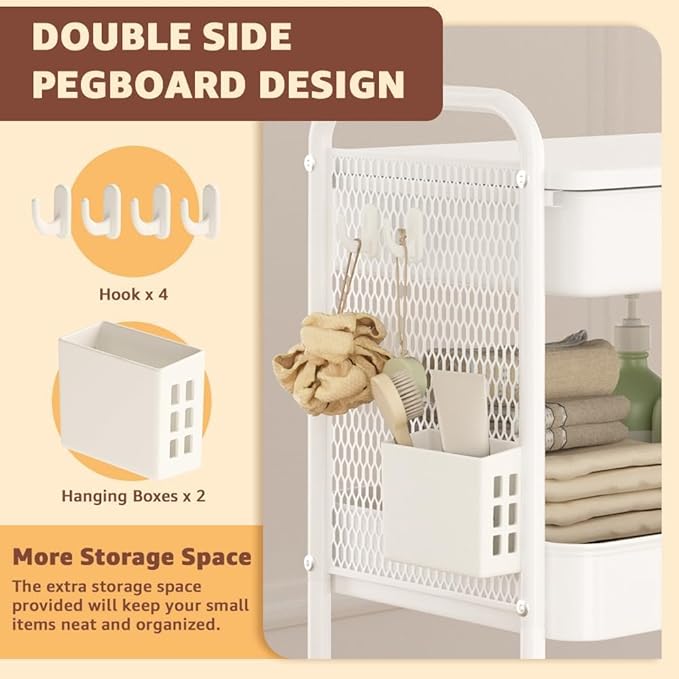 3 Tier Rolling Cart with Drawer, Metal Rolling Utility Cart on Wheels with Pegboard, Art Cart Storage Organizer with Tabletop for Living Room, Office, Bedroom (White)