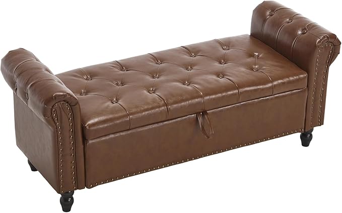 Furniliving 55” End of Bed Bench, Bedroom Bench with Button-Tufted, Large Upholstered Storage Ottoman Entryway Bench with Storage Shoe Cabinet Bench, for Bedroom, PU, Brown
