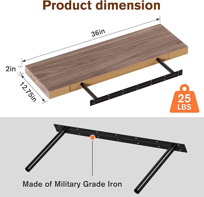 Floating Shelf, Set of 2 Wall Shelf, 36 in W x 12.75 in D x 2 in H Wooden Floating Wall Shelf with Invisible Brackets for Living Room/Bedroom/Bathroom/Kitchen Storage and Decor, Walnut