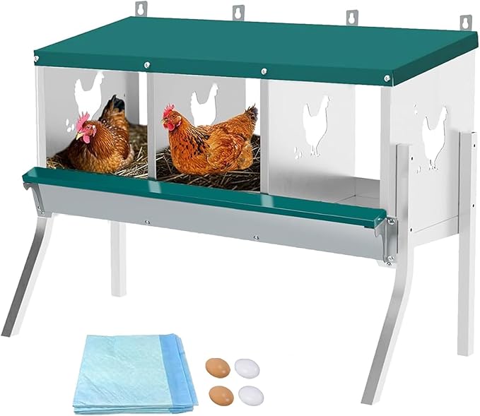 Chicken Nesting Box 3 Compartment with Legs 10 Pet Moisture Pads and 4 Fake Eggs Roll Away Egg Collection, Perch, Lid Cover for Egg Protection - Wall Mount Nest Box for Chickens, Hens, Ducks