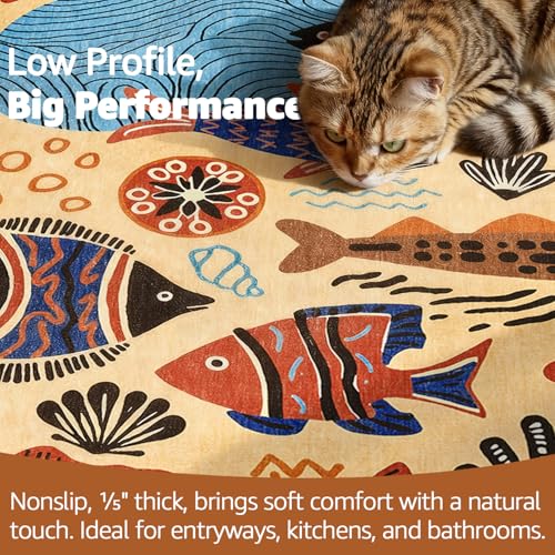 4ft Coastal Round Rug Washable Kids Rug Colorful Ocean Fish Mat Tan (12.57 Sq Ft)