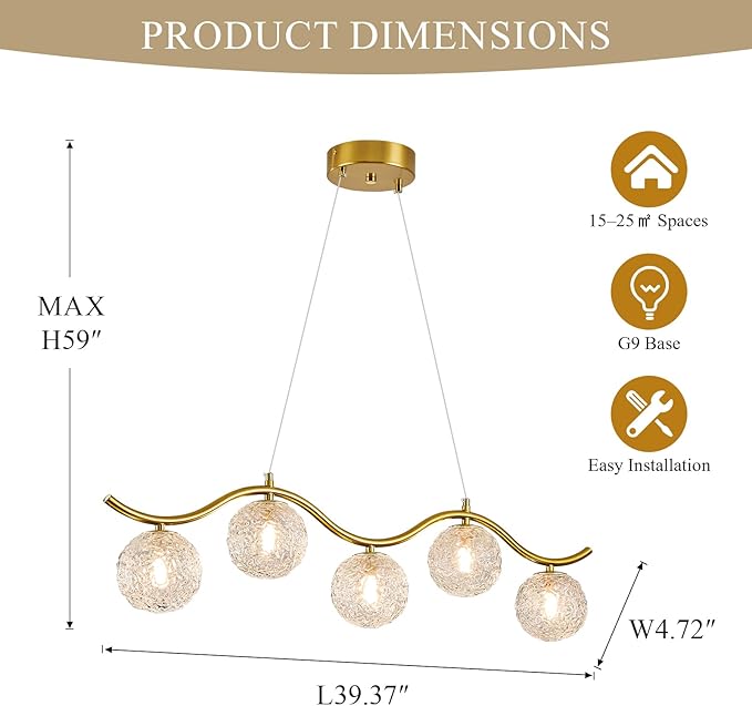 Modern Linear Globe Chandelier Gold 5-Lights Mid Century Linear Chandelier