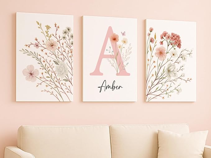 Personalized Girls Nursery Wall Art - Custom Name Pink Floral Butterfly Canvas Print 3pc Framed Wrapped Canvas for Bedroom Living Room Entryway Study Room Initial Wall Decor Baby Shower Birthday Easter Graduation New Year Valentine's Day Gift (60×90cm/...