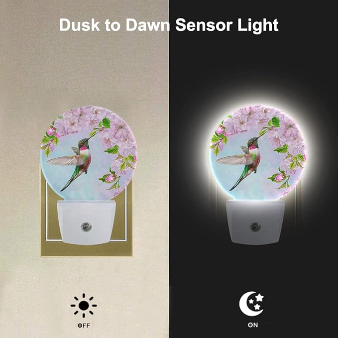 EKOBLA Bird Night Light Spring Hummingbird Pink Flowers Cherry Blossoms Night