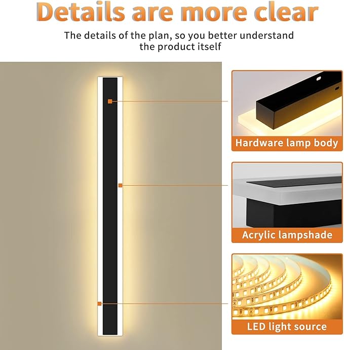 Mikeru Modern Long LED Wall Light, 3000k-6000k Dimmable Outdoor Wall Sconce
