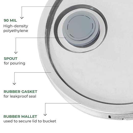 5-Gallon White Bucket Pail with Spout Lid, Metal Handles with Plastic Grip for Easy Carrying, Easy Stack and Store, Heavy-Duty Extra Durable, Food Grade, BPA Free - 3 Pack