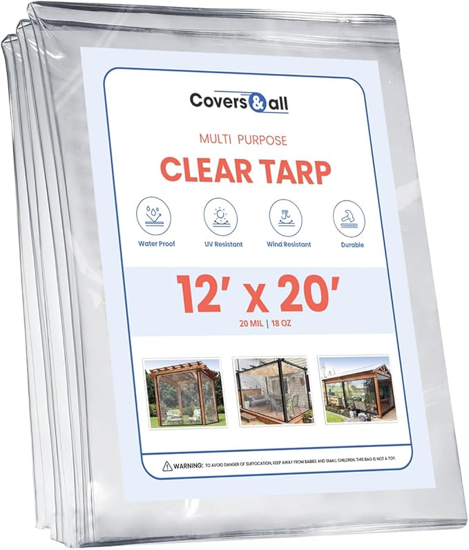 Covers & All Heavy Duty Clear Vinyl Tarp – 20 Mil Waterproof Clear Tarp with Grommets for Patio, Porch, Gazebo, Greenhouse & Chicken Coop (12 x 20 ft)