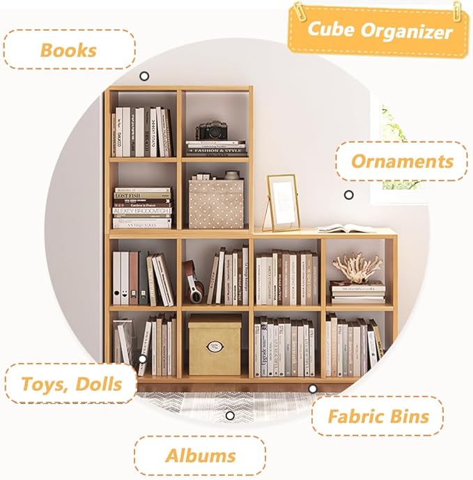8 Cube Organizer Bookcase - Fabric Storage Bins Container, Open Shelf Simple Compartments Bookshelf, Oak