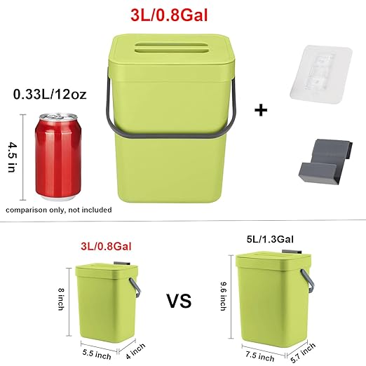 LALASTAR Food Waste Basket Bin for Kitchen, Small Countertop Compost Bin with Lid, Odor-Free Food Scrap Container, Wall Mounted Garbage Can, 3L/0.8 Gal, Green