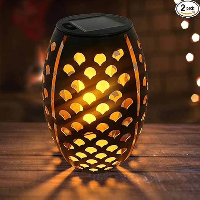 2PCS Solar Table Lanterns with Flickering Flame Light Outdoor Waterproof