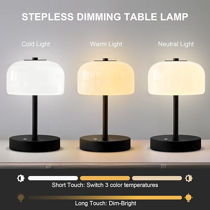 Oneach 9" Small Portable Cordless Table Lamp, 3-Way Dimmable Touch Rechargeable