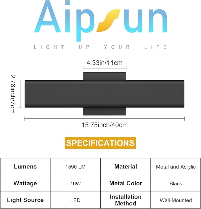 Aipsun 2 Packs Outdoor Wall Sconce, 3000K 4000K 6000K, 15.75in Modern Black