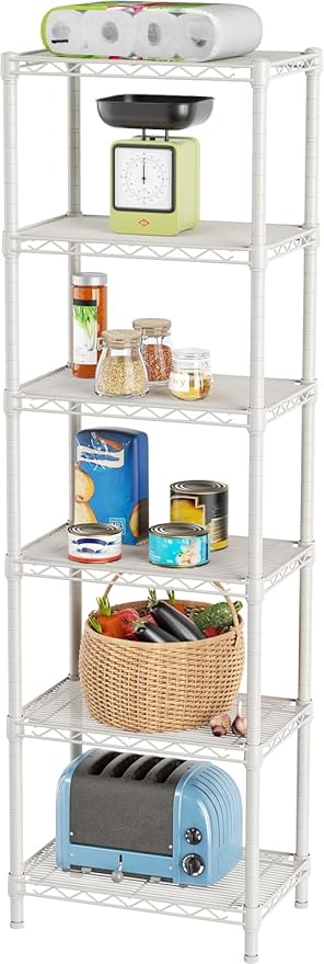 SINGAYE 6 Shelves Storage Shelf Wire Closet Bathroom Organizers Metal Pantry Kitchen Small Garage Shelving Unit Laundry Room Organization Home Corner Rack Estantes para Cocina White 10" Dx16 Wx60”H