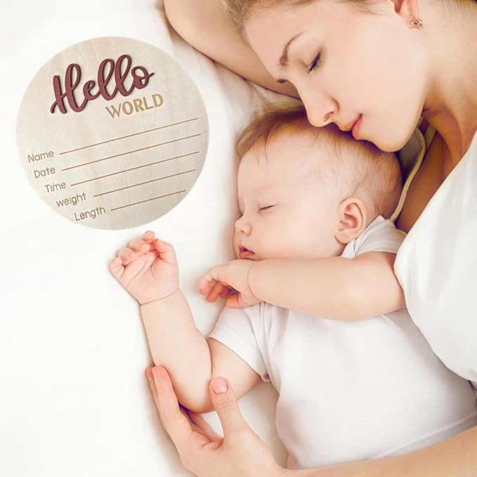 Baby Announcement Sign, 5.9 Inch Wooden Hello World Newborn Signs, Birth Announcement Sign, Baby Shower Hospital Nursery for Newborn Boys and Girls (Tea Red)