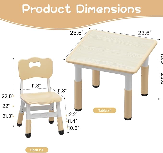GarveeHome Toddler Table and 4 Chairs Set with Graffiti Desktop, Height Adjustable Kids Table and Chairs Set with Storage, Non-Slip Legs, Kids Activity Table for Home, Nursery, for Age 2-10