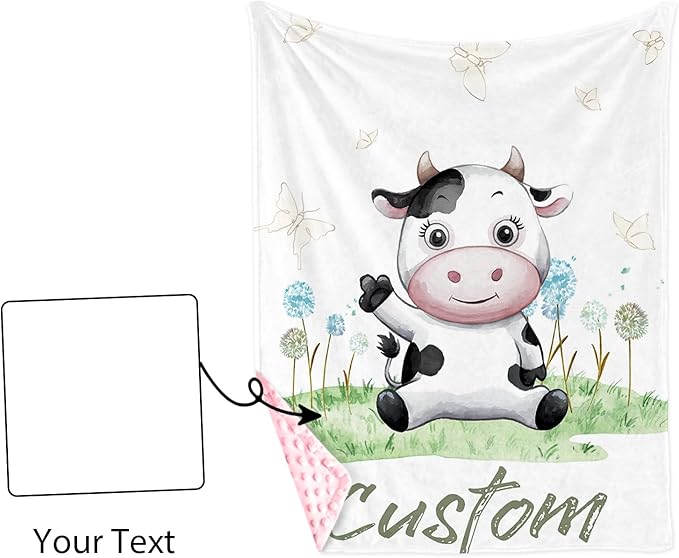 Personalized Baby Blanket for Boys, Custom Name Baby Blanket with Cars, Soft Flannel with Double Layer Dotted Backing, Receiving Swaddle Blankets for Infants and Toddlers, Cow Design