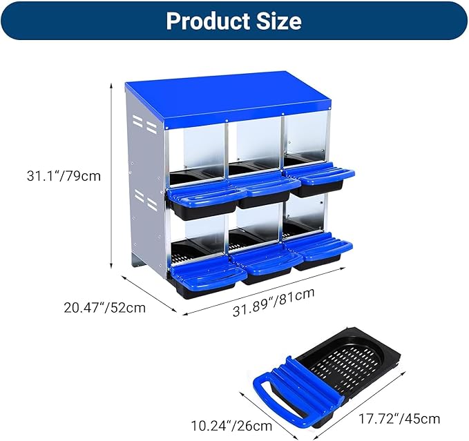 Chicken Nesting Box, 6 Hole 2 Layer Hen Nest Boxes with Legs, Roll-Away Egg Collection System with Ventilation Holes，Rustproof Plastic Tray & Keyhole Mounting, Chicken Laying Box