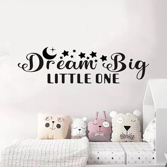 Baby Quotes Wall Stickers for Nursery: Kids Inspirational Positive Moon Stars Vinyl Art Wall Decals - Bedroom Playroom School Wall Decor - Dream Big Little One 25" X 7"