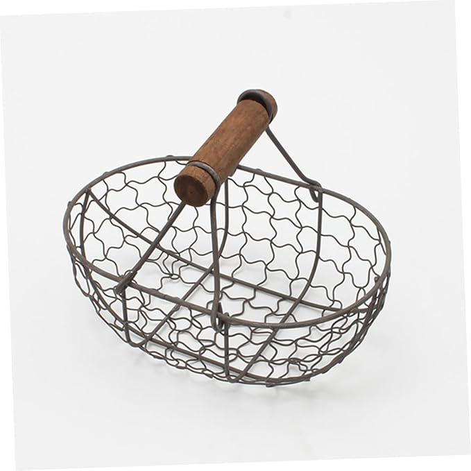 2pcs Vintage Iron Wire Storage Basket with Wooden Handle, Small Multi-function Farmhouse Style Egg and Fruit Basket for Kitchen Countertop Organization