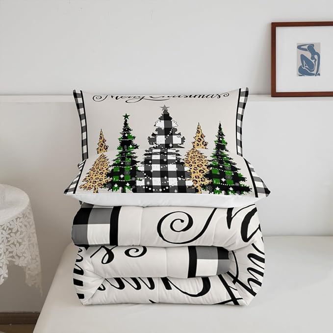 Manfei Merry Christmas Kids Comforter Set Twin Size,Leopard Plaids Pines Trees Bedding,Girls Boys Adults Bedroom/Xmas Cabin Decor,Geometric Grids Retro Down Comforter,Rustic Duvet Insert,1 Pillowcase