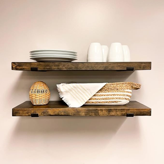 Rustic Shelves with J-Brackets Set of 2, Industrial Shelf, Kitchen Shelves, Solid Wood, Decorative Wall Storage, Heavy Duty, URBANDI (Dark Brown, 36Wx8D)